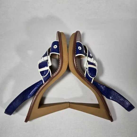 MICHAEL KORS Nautical Blue LEATHER Straps White Trim Slingback Heel Sandals 8.5M - Picture 6 of 16